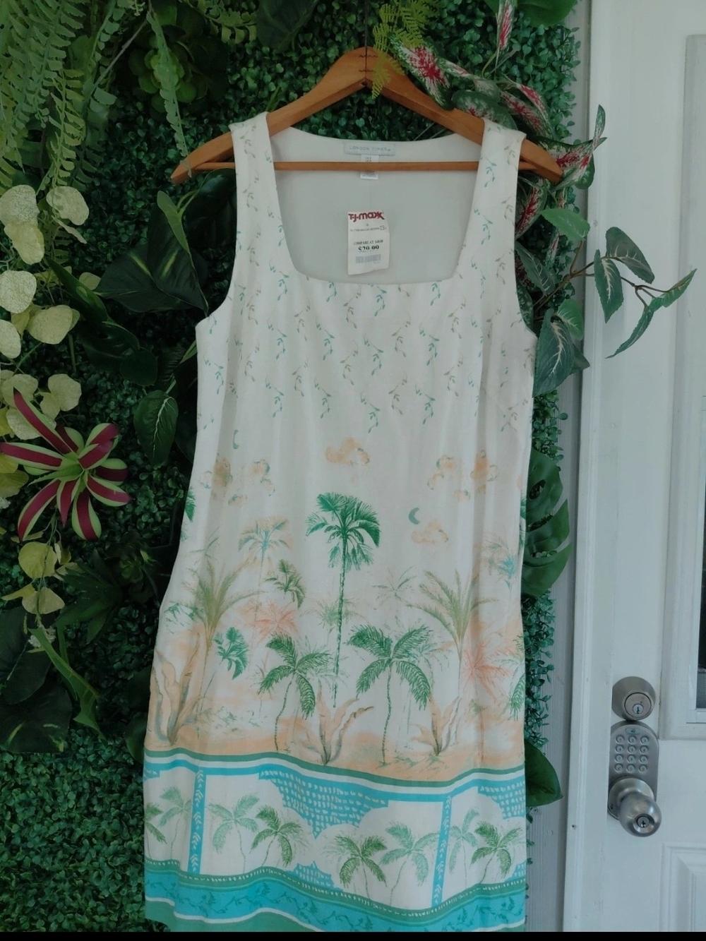 London Times Linen Cream Tropical Palm Print Sleeveless Dress with Teal Border